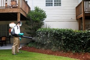 Man spraying pest control chemicals in the backyard of a home.