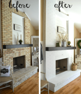 Before and after images of a fireplace makeover using whitewash to update the bricks surrounding the fireplace.