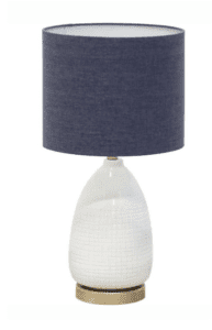 White lamp with blue denim lamp shade.