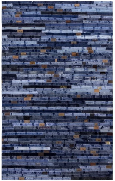 Dark blue denim rug with square and rectangular patterns.