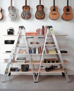 Two ladders used to create a bookshelf.