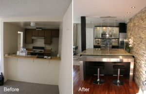 Before and after photo of a kitchen renovation.
