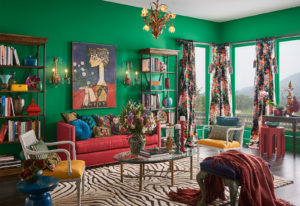 Funky living room with Sherwin Williams Enthusiast wall color.