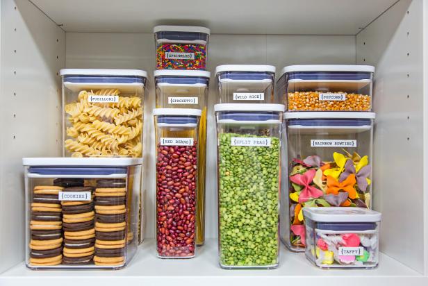 Food storage containers in a pantry