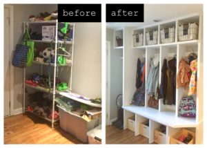 Before and after photos of a renovated mudroom.