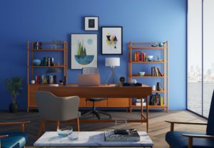 Mid century modern home office with vibrant blue accent wall