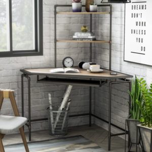 Corner home office desk with exposed brick walls