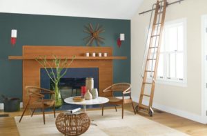 Sitting area with accent wall painted Mediterranean Blue by Benjamin Moore
