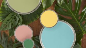 Open paint cans with greenery background